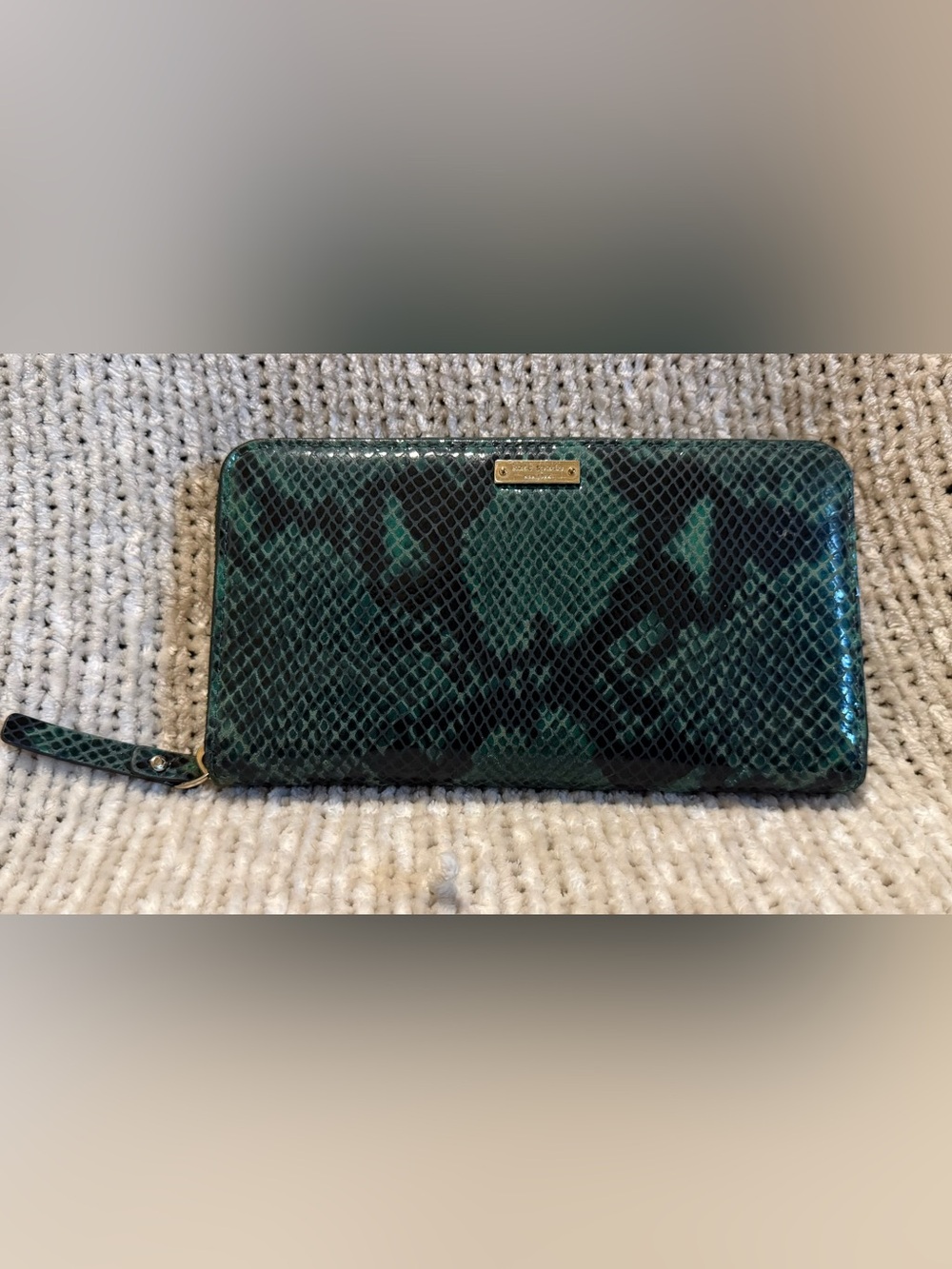 kate spade Emerald Green Snake-Embossed Zip Wallet
